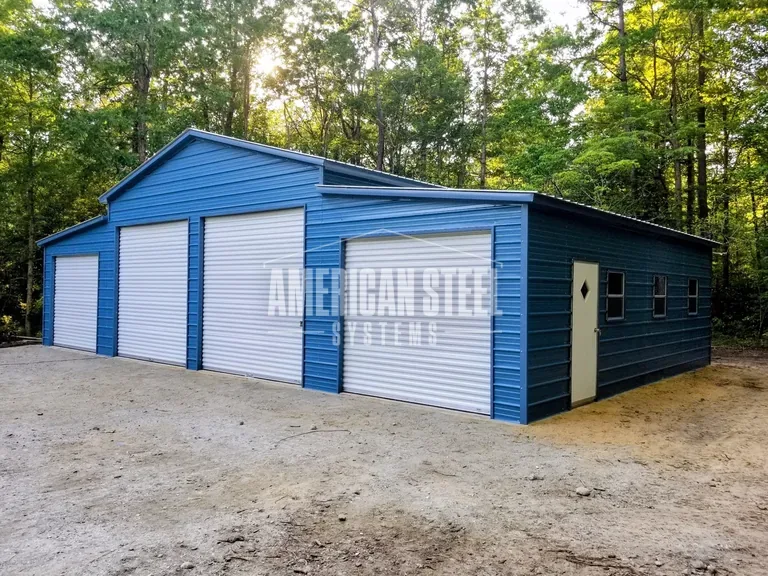 Blue steel barn from the corner