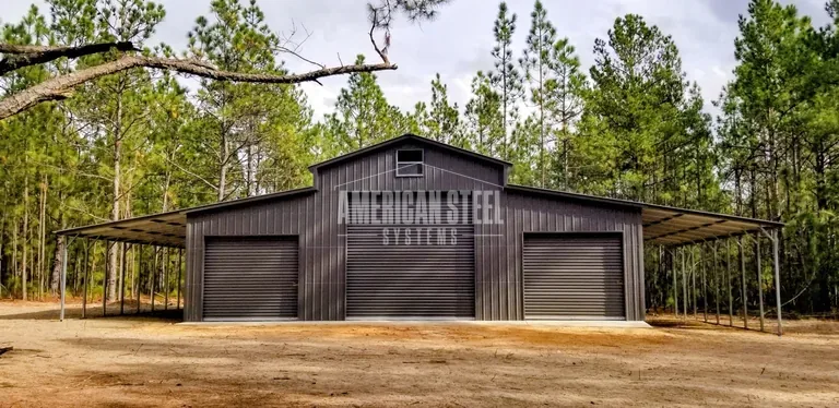 Charcoal steel barn with open lean-tos