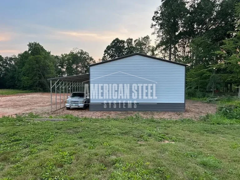 White Steel Garage with side Lean-To