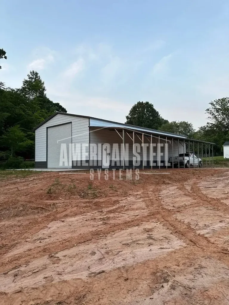 White Steel Building with side Lean-To