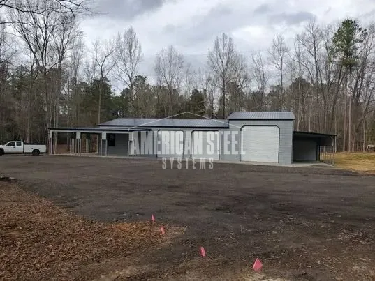 Gray Steel Combo-Garage complex with Lean-Tos