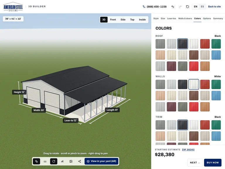 Designing a 30′ × 41′ garage with a lean-to in the 3D Builder