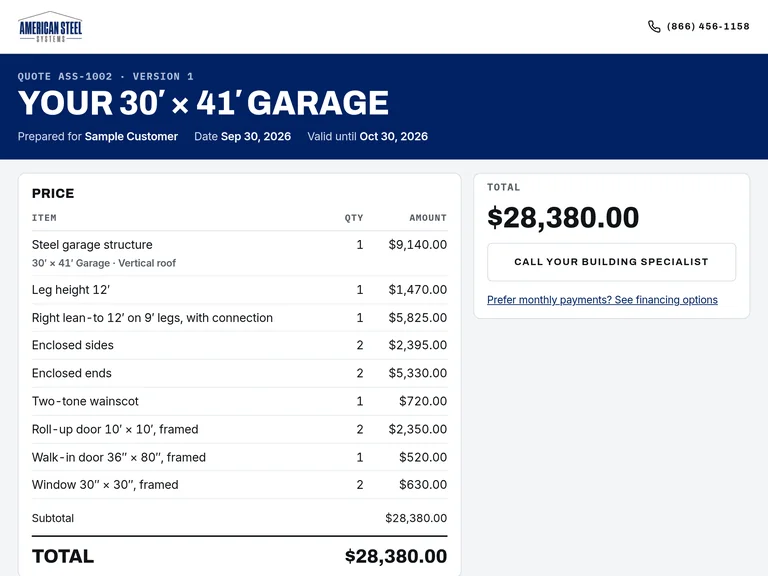 Sample itemized written estimate for the same garage